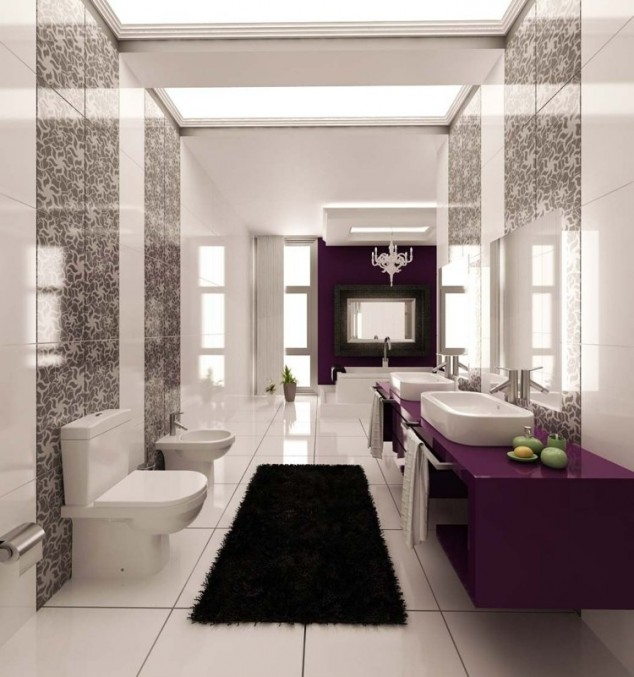 12 Striking Rugs That Will Embellish Your Bathroom einrichtung badezimmer grau muster fliesen weiss lila badvorleger 634x677 12 Striking Rugs That Will Embellish Your Bathroom