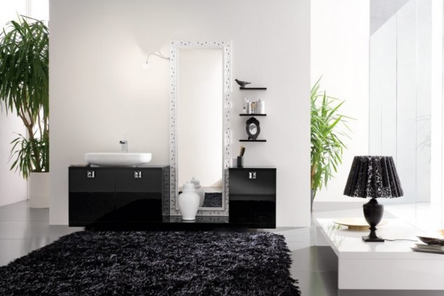 12 Striking Rugs That Will Embellish Your Bathroom elegant bathroom design feature black bathroom rugs and trendy bathroom vanity with large size bathroom mirror 930x620 634x423 12 Striking Rugs That Will Embellish Your Bathroom