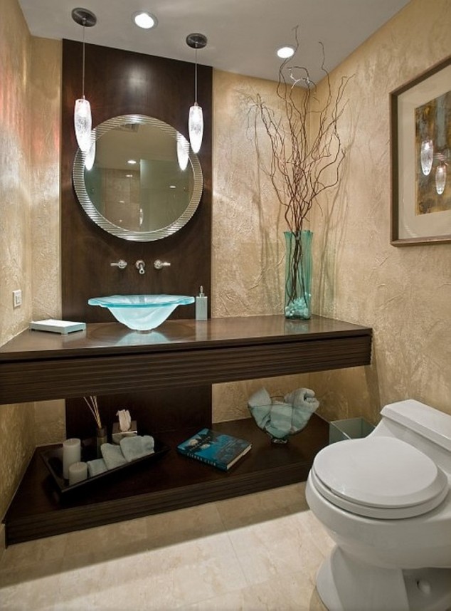 round mirror plus blue glass vase and unique sink on powder room ideas feat modern toilet seat 634x858 Turn Your Small Bathroom Big On Style With These 15 Modern Sink Designs