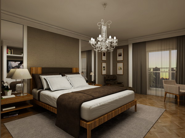 suite master bedroom design with king size bed set wood shelves table desk crystal chandelier grey curtain wooden style tile square rug 15 Elegant Crystal Chandeliers That Will Take Your Bedroom From Average To Amorous