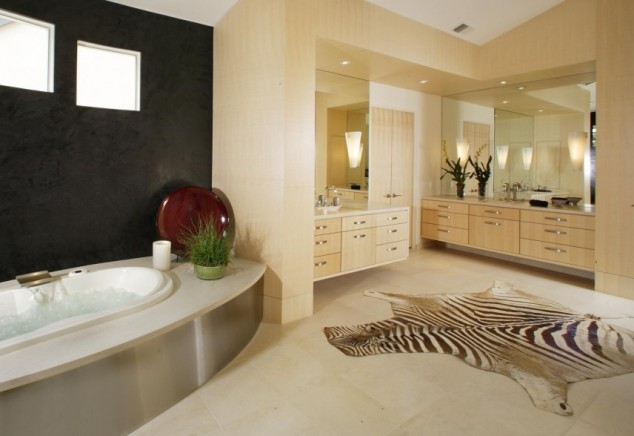 12 Striking Rugs That Will Embellish Your Bathroom white wall with white floor and fas flower and white bathtub and table as well white cabinet and mirror ideas modern master bathroom cream tiles 856x588 634x436 12 Striking Rugs That Will Embellish Your Bathroom