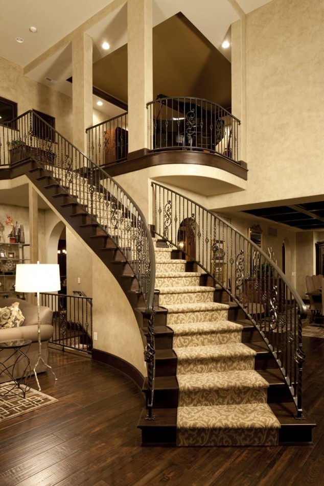 banister and carpet for stairs with dark wood flooring plus faux finish also handrail with wrought iron railing in modern home plus floor lamp and couch for living room decor 634x951 18 Awesome Foyer Designs That Will Help You Personalize Your Entrance