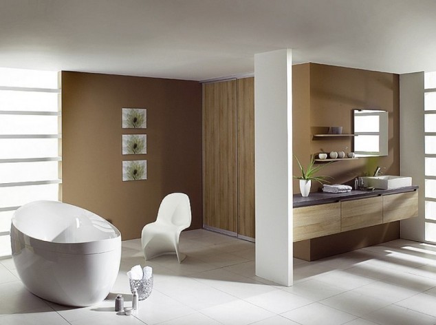 17 Extremely Modern Bathroom Designs That Exude Comfort And Simplicity floating vanity cabinet in modern bathroom design feat s shaped chair idea and sleek stand alone bathtub 930x692 634x472 17 Extremely Modern Bathroom Designs That Exude Comfort And Simplicity