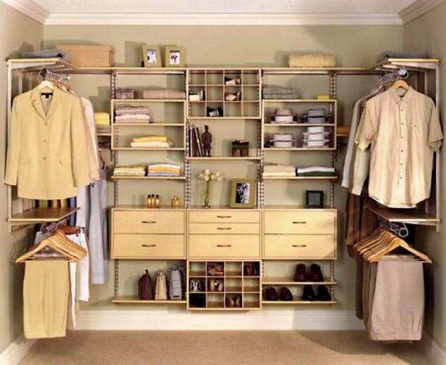 15 Inspirational Closet Organization Ideas That Will Simplify Your Life modern bedroom small wooden walk closet green closet wall paint mount wall light oak wood closet organizers brown carpet flooring 728x596 634x519 15 Inspirational Closet Organization Ideas That Will Simplify Your Life