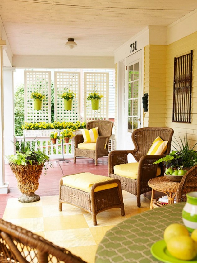 A Dose of Sunshine with a Lattice Privacy Screen 634x844 16 Adorable Colorful Porch Designs For Creating A Welcoming Atmosphere