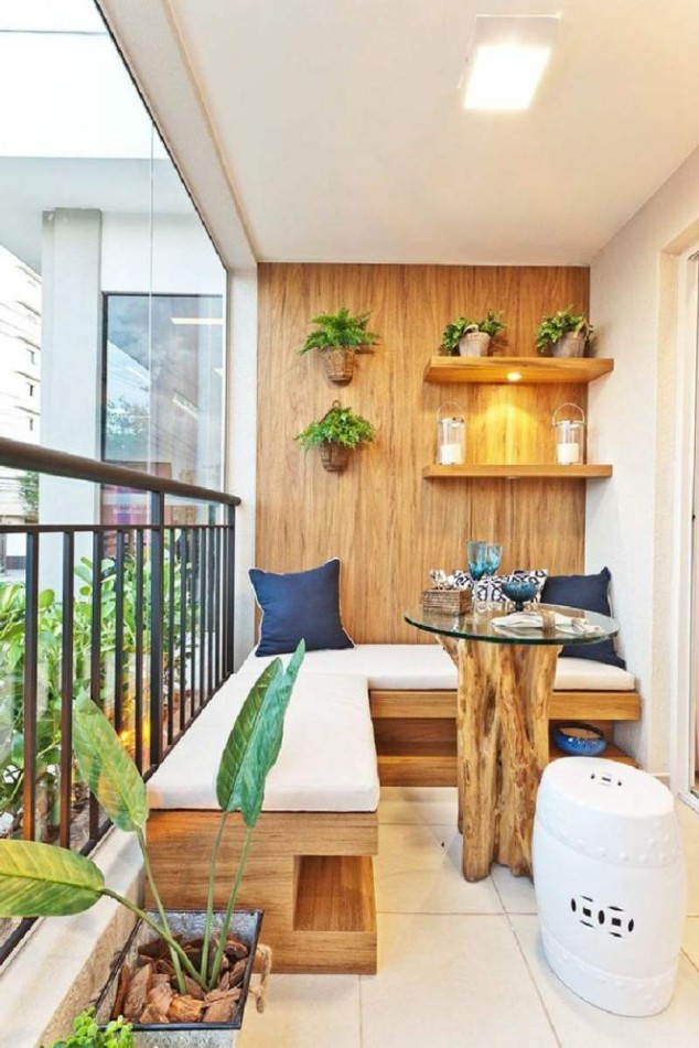 balkonideen zum gestalten sitzbank wandverkleidung holz beistelltisch 634x951 16 Modern Balcony Garden Ideas To Get Inspired From