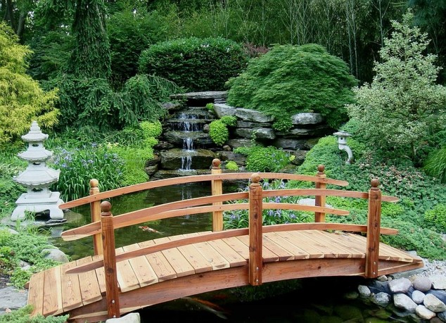 beautiful outdoor landscape ideas and outdoor garden design and wood bridge ideas and waterfall features and koi pond 634x459 21 Brilliant Wooden Garden Bridges That Could Fill The Garden With Beauty And Charm