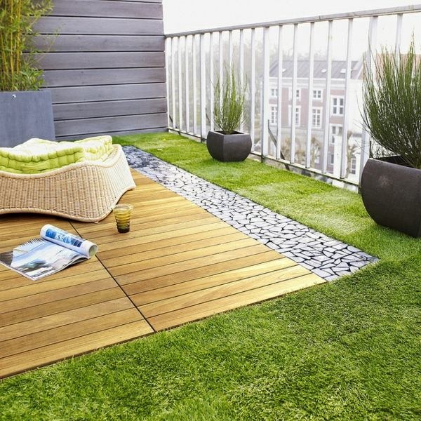 terrace design ideas balcony plants lounge furniture wood floor synthetic grass 15 Chic And Interesting Ideas For Your Balcony Floor