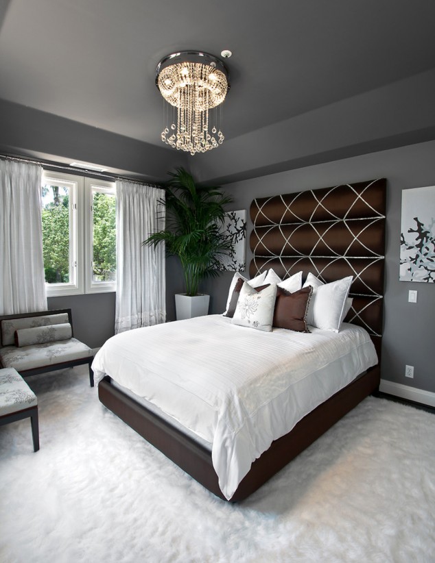 Facinating bedroom with grey wall colour as long as one luxury pendant light in crystal plus one white bed in king size with seven pillows plus window in glass with frame 634x822 17 Well Designed Bedroom Headboard Walls