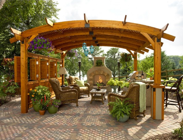 13 Fantastic Pergola Ideas To Get Inspiration From comely outdoor fireplace idea with remarkable wooden pergola design also likable rattan armed chair ideas 634x486 13 Fantastic Pergola Ideas To Get Inspiration From