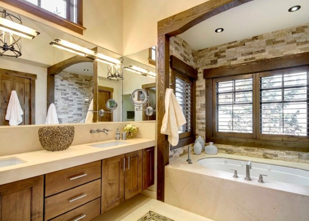 pleasing bathroom vanity fluorescent light paired with sunken tub near french windows 634x454 10 Amazing Rustic Bathroom Design Ideas