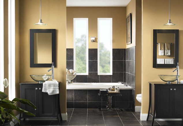 bathroom dark tiles 634x435 How to Remodel Your Bathroom Without the Stress