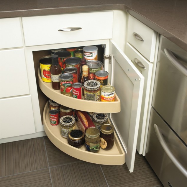 kitchen furniture white stained woodn kitchen cabnet with corner pantry storage cream particle board fourth pull out racks and white drawers plus metal handle corner kitchen pantry cabinet 634x634 17 Creative Ideas That Can Help You to Save Some Space in Your Kitchen