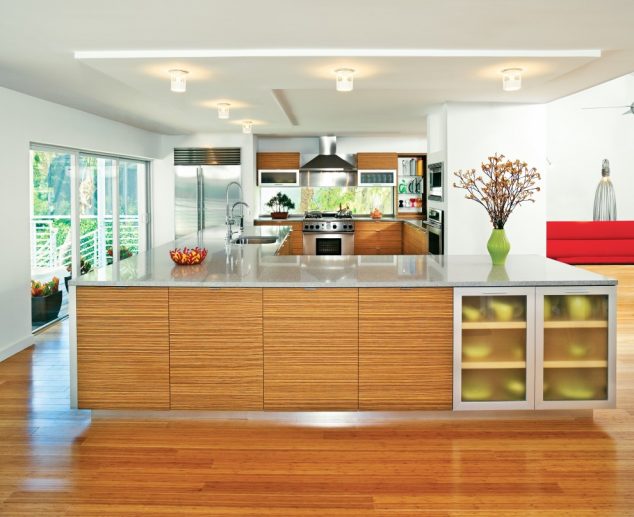 modern bright kitchen design with sleek bamboo kitchen cabinets added with compact kitchen storage 634x517 13 Bamboo Kitchen Cabinets For Unique And Stylish Kitchen