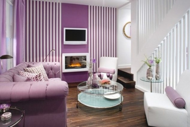 Beautiful Small Living Room Design with Purple and White Color Schemes Also Using TV above Electric Fireplace 634x423 12 Outstanding White And Purple Living Room For Lovely House