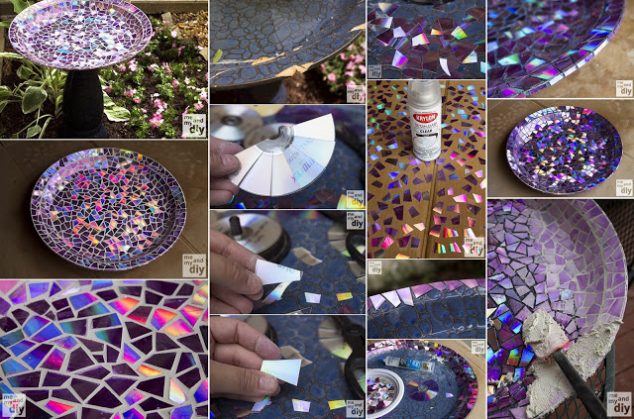 15 DIY Interestineg And Lively Crafts For Garden Art DIY Mosaic Tile Birdbath Recycled DVDs 634x419 15 DIY Interestineg And Lively Crafts For Garden Art