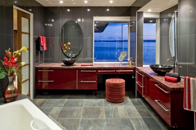 Sparkling contemporary bathroom in red and gray 634x420 12 Red Accent Bathroom Ideas To Fall In Love With