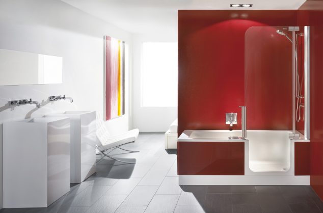 12 Red Accent Bathroom Ideas To Fall In Love With Walk In Showerbath red 634x418 12 Red Accent Bathroom Ideas To Fall In Love With