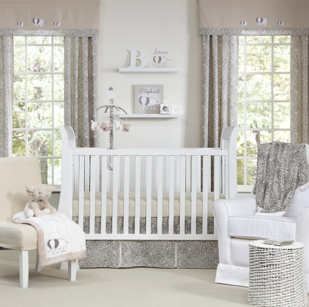 decorating clean white themed baby girl and boy nursery idea involving neutral modern crib bedding with grey skirt cheerful and colorful bedding sets with chic pattern baby boy bedroom ideas 634x631 12 Nice Baby Nursery Room Ideas Just For Your Babies