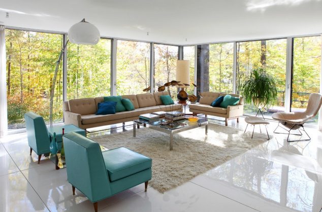 12 Glass Walls Living Room For Luxury Living living room inspiration with huge glass wall idea and blue leather accent chairs plus awesome floor lamp or tufted brown sofa design 634x419 12 Glass Walls Living Room For Luxury Living