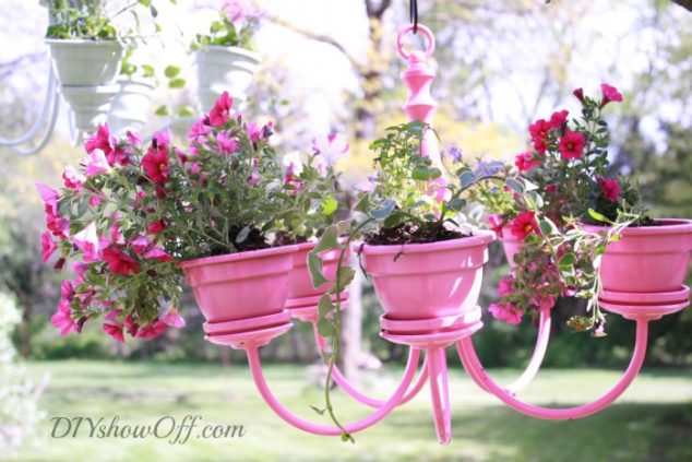12 DIY Crafts What You Can Do With Old Chandelier pink chandelier planter 634x423 12 DIY Crafts What You Can Do With Old Chandelier