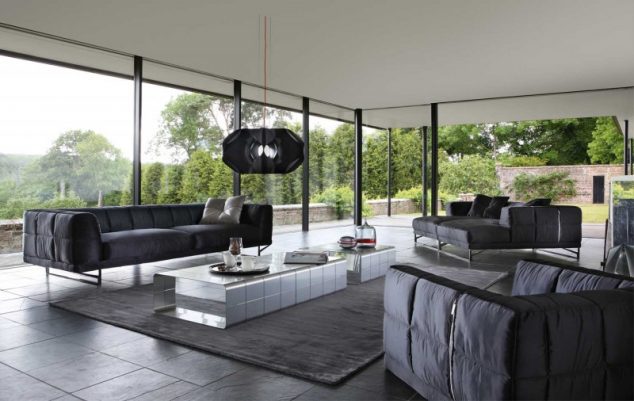 roche bobois sofa black 10 800x506 634x401 12 Glass Walls Living Room For Luxury Living