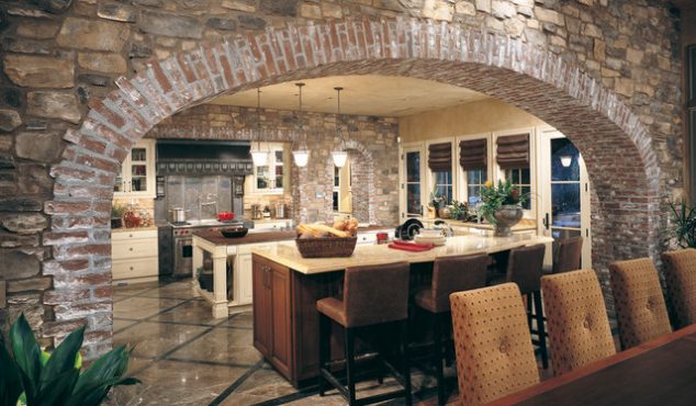 rustic kitchen 634x370 12 Large Stone Archway For Elegant Kitchen Design