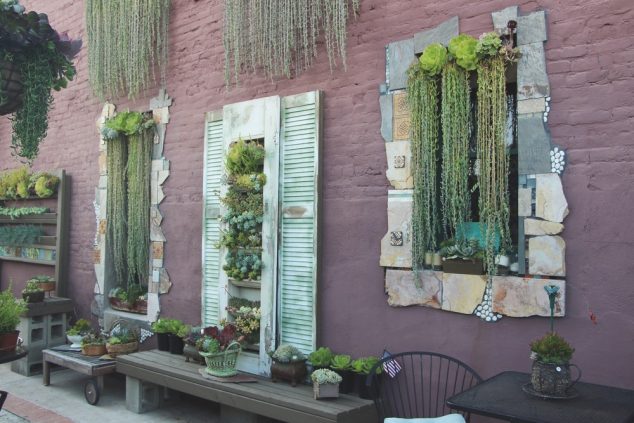 14 DIY Succulent Frame Full Of Life For Wall Arrangement succulent wall art door windows vertical succulent cafe oceanside 634x423 14 DIY Succulent Frame Full Of Life For Wall Arrangement