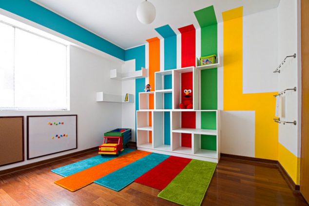 wonderful kids playroom ideas with cool multicolored striped wall paint design and white plywood cubicles shelves plus lovely colorful rugs above brown oak wood laminate floor 634x422 15 Kids Playroom Fantastic Ideas