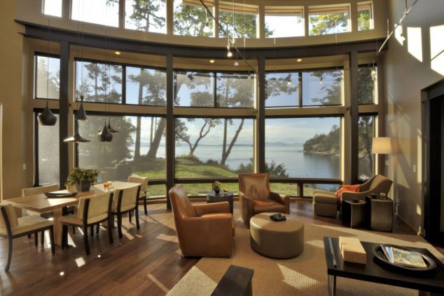 wood house with curved glass walls overlooking sunset bay 9 634x422 12 Glass Walls Living Room For Luxury Living