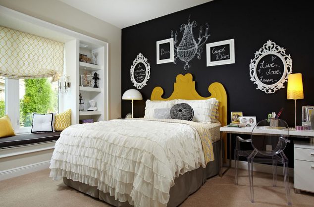 Empty picture frames and chalkboard paint create a vibrat accent wall in the bedroom 634x418 15 Inexpensive Ways How To Upgrade Bedroom