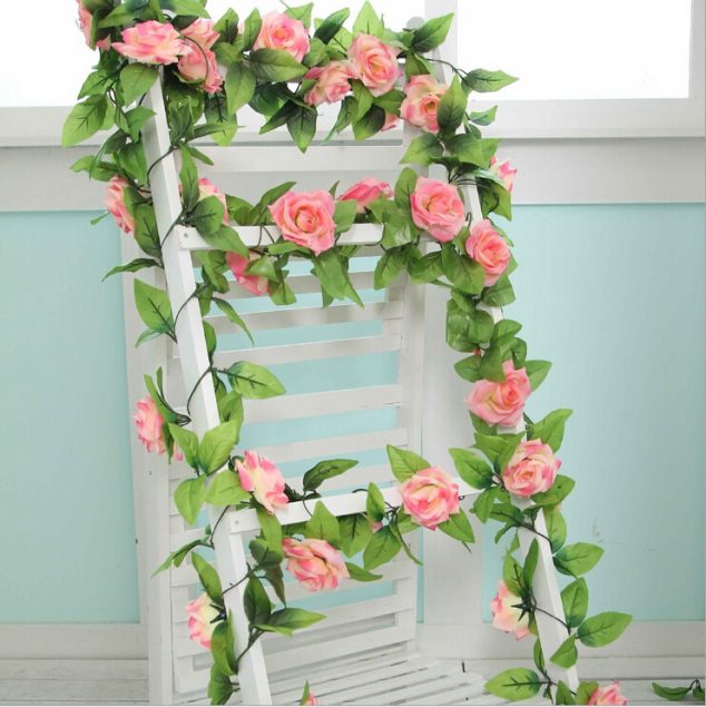 Free shipping 16Colors Artificial Rose Garland Flower Vine Home Wedding Garden Floral Decor Wall Party Decoration 634x635 12 DIY Floral Decor Of Fake Flowers For Romantic Ambient