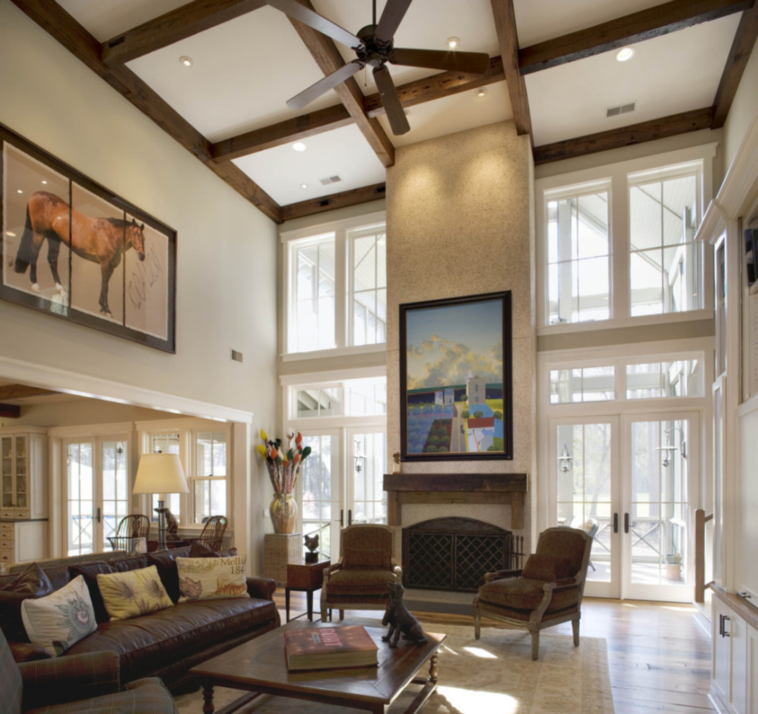 awesome-high-ceiling-living-room-with-brown-wooden-beam-fan-white