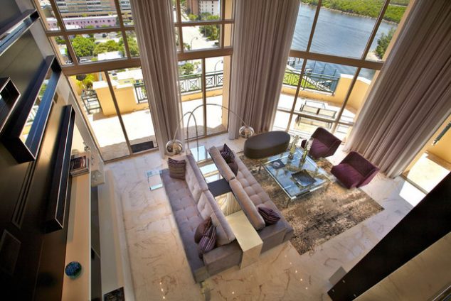 13 High Ceiling Living Room That Will Make The Room Bigger contemporary living room 2 634x424 13 High Ceiling Living Room That Will Make The Room Bigger