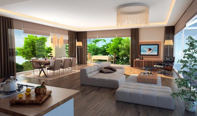 13 Trendy Open Concept Kitchen, Dining Room And Living Room f 21g salon 634x373 13 Trendy Open Concept Kitchen, Dining Room And Living Room