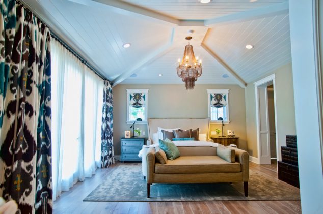 15 Inexpensive Ways How To Upgrade Bedroom ikat curtains Bedroom Eclectic with beadboard ceiling bed bench chandelier headboard rug upholstered bench wainscoting window treatment 1 634x421 15 Inexpensive Ways How To Upgrade Bedroom