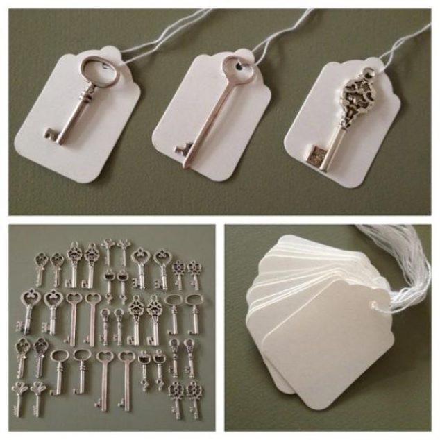 14 DIY Happy Project With Recycled Keys Art For Fancy People keys to happiness 100 antique silver skeleton keys 100 white tags wedding skeleton keys escort card vintage keys wedding favors 634x634 14 DIY Happy Project With Recycled Keys Art For Fancy People