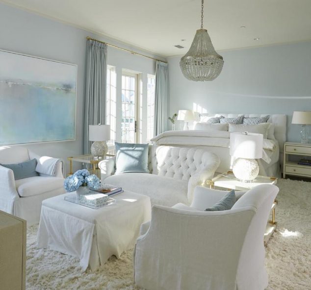 15 Exotic Bedroom Seating Area For Extra Comfort white and blue bedroom sitting area gray beaded chandelier 634x592 15 Exotic Bedroom Seating Area For Extra Comfort