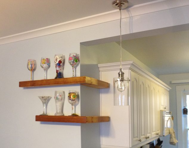 14 Imaginary Floating Wall Shelves For Small Homes Excellent Floating Corner Shelves Idea For Kitchen Interior Decoration With Teak Wood Finish With Two Levels Design And L Shape Idea For Cool Wine Racks Inspiration 634x496 14 Imaginary Floating Wall Shelves For Small Homes
