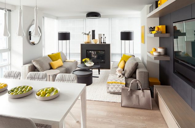 13 Peaceful Living Rooms That Will Bring Pure Harmony In The House Neutral backdrop lets the yellow accents shine through 634x418 13 Peaceful Living Rooms That Will Bring Pure Harmony In The House