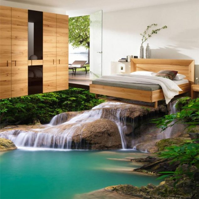 custom mural wallpaper 3d hd nature waterfall 634x634 12 Pleasing Ideas For Rolling Out Of Bed Into Heaven With 3D Flooring Art