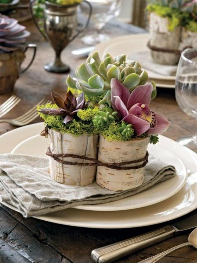 decoration tronc bouleau vase arrangement succulentes orchidC3A9e 634x845 14 DIY Wooden Stump Vases That Simplicity Defining Beauty In House