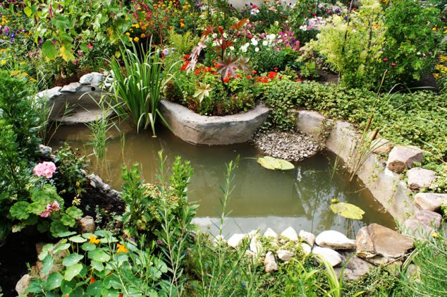 garden pond in backyard with flowers 634x421 15 Cool Under Ground Garden Pond Ideas for Making Favorite Garden