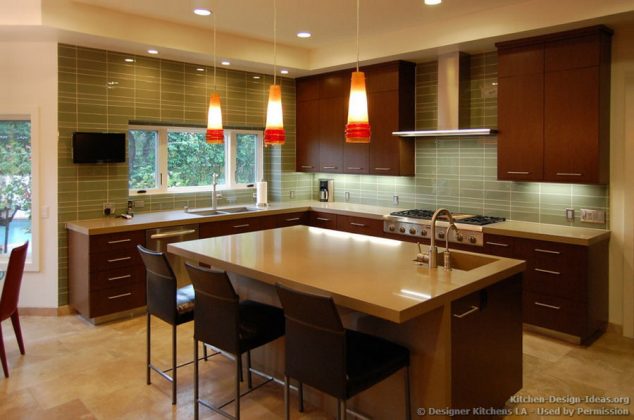 12 The Best LED Light Ideas For Bringing Enough Light In The Kitchen kitchen cabinets modern dark wood 050a dkl001 cherry island chairs pendant glass backsplash 634x420 12 The Best LED Light Ideas For Bringing Enough Light In The Kitchen