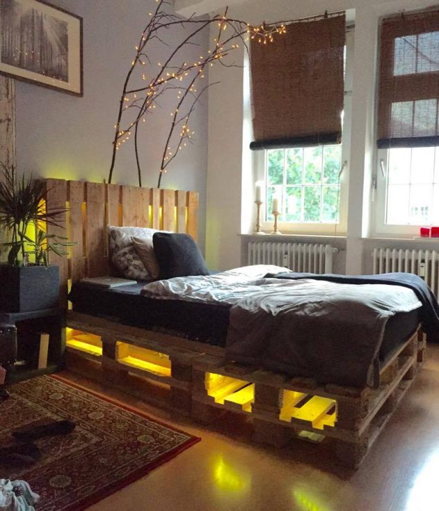 pallet bed with lights 634x737 12 Genius Ideas For Pallet Bed With Lights Underneath