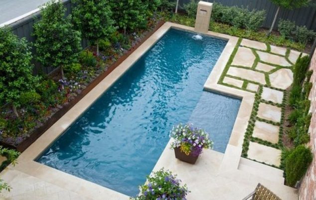 ravishing pool deck design ideas with rectangular swimming pool designs for small yards for impressive home ideas using floral planters as well as deck design ideas also patios and decks 634x402 16 Garden And Backyard Swimming Pool Stepping Ideas that You Dream For