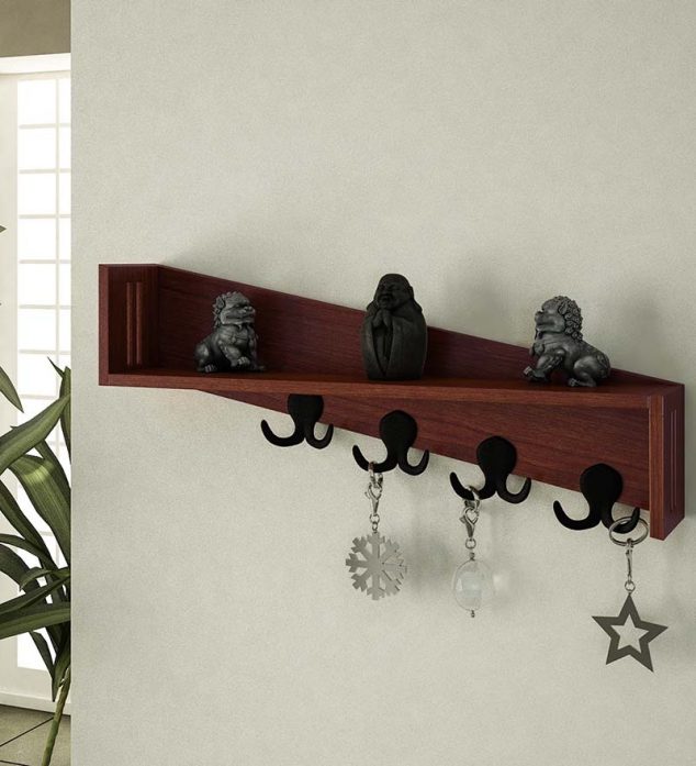 seriously stunning design ideas of decorative key holders for wall made of dark wood with two way hooks and equipped with top surface as shelf 634x697 14 Imaginary Floating Wall Shelves For Small Homes