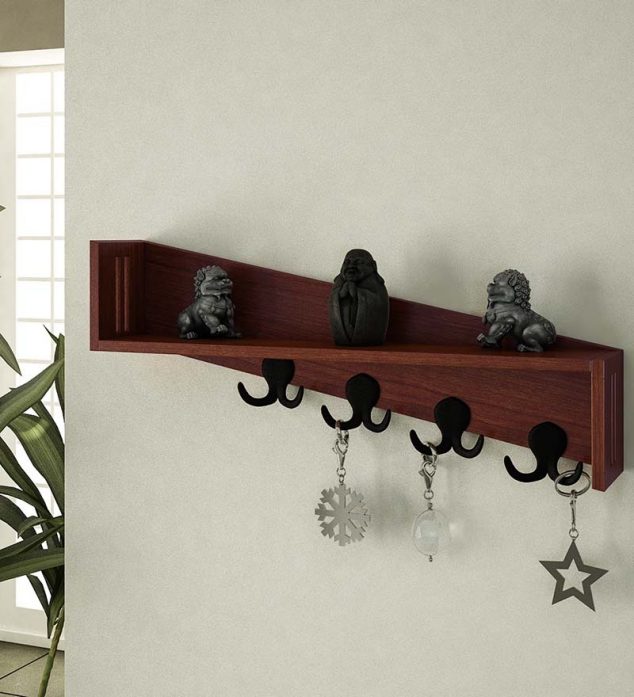 14 Imaginary Floating Wall Shelves For Small Homes seriously stunning design ideas of decorative key holders for wall made of dark wood with two way hooks and equipped with top surface as shelf 634x697 14 Imaginary Floating Wall Shelves For Small Homes