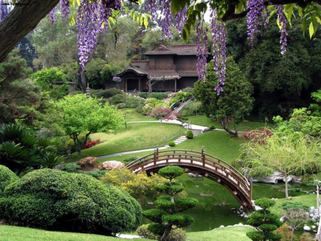 15 Cool Under Ground Garden Pond Ideas for Making Favorite Garden stunning Japanese garden in bakcyard with rustic wooden house plus brodge above pond as well stairs garden ideas 634x476 15 Cool Under Ground Garden Pond Ideas for Making Favorite Garden