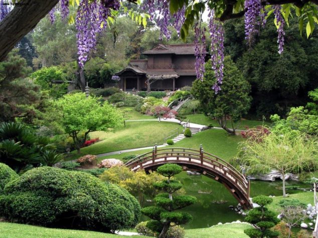 stunning Japanese garden in bakcyard with rustic wooden house plus brodge above pond as well stairs garden ideas 634x476 15 Cool Under Ground Garden Pond Ideas for Making Favorite Garden